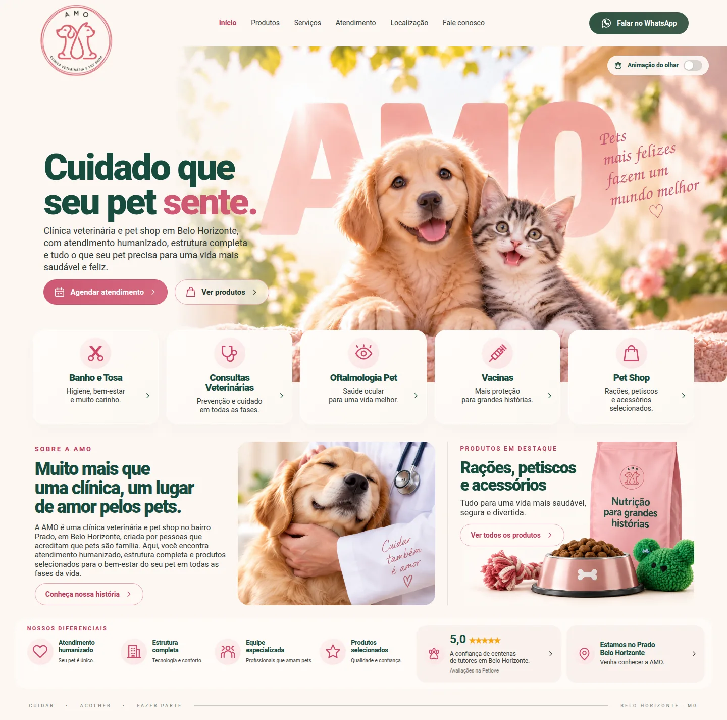 Página inicial do site da AMO, clínica veterinária e pet shop em Belo Horizonte